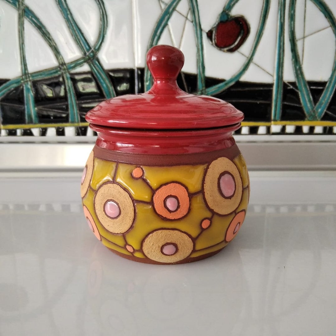 手作りの蓋付き砂糖入れ、蓋付き陶器の瓶、新築祝いのギフト、収納