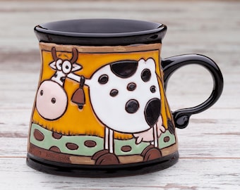 Funny handmade mug with cow, Funny animals cup, Cute pottery mug, Cow mug, Ceramic mug handmade, Animal mug, Pottery mug handmade, Funny mug
