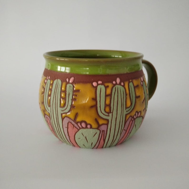 Mug with cactus, Cactus lover's gift, Pottery cactus mug, Coffee mug handmade, Cactus cup, Coffee mug, Pottery mug handmade, Big coffee cup image 2