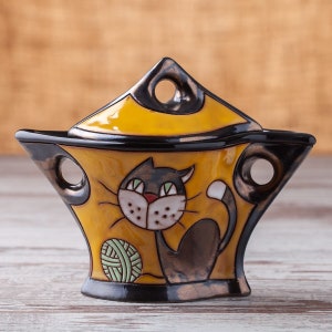 Ceramic sugar bowl, Container with lid, Lidded pottery jar, Jewelry jar, Salt jar, Sugar bowl with lid, Cat lover gift, Cat sugar box