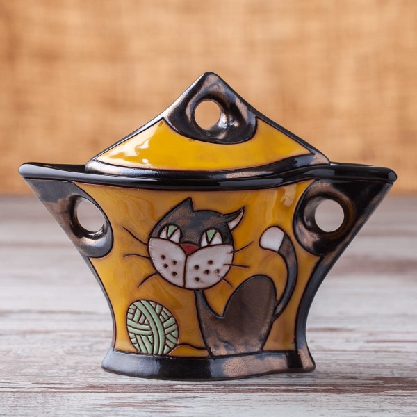 Ceramic sugar bowl, Container with lid, Lidded pottery jar, Jewelry jar, Salt jar, Sugar bowl with lid, Cat lover gift, Cat sugar box