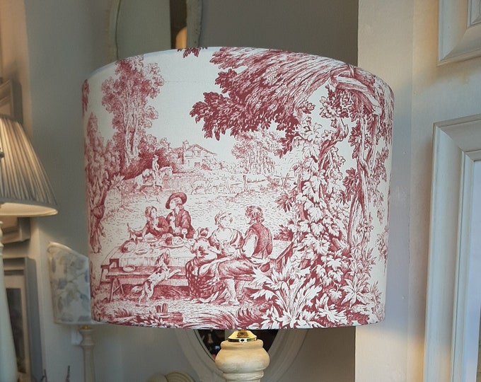Lampshade Toile de Jouy, red and white italian fabric, chic drum lampshade, shabby lampshade, elegant lampshade for girl