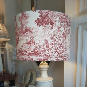 Lampshade Toile de Jouy, red and white italian fabric, chic drum lampshade, shabby lampshade, elegant lampshade for girl