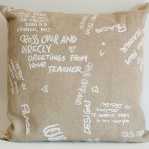 Pillow linen beige with writings, in  linen cover