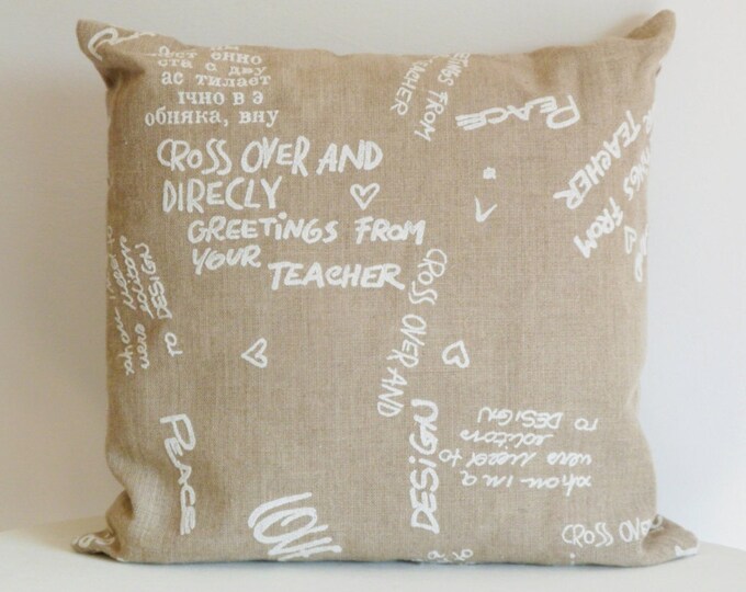 Pillow linen beige with writings, in  linen cover