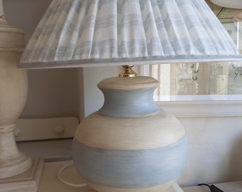 Blue and white table lamp for the beach house, hand-decorated ceramic base, hand-sewn linen lampshade. Unique piece made in Tuscany