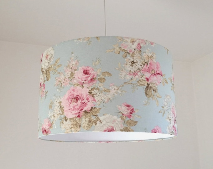 Lampshade floral light blue, shabby turquoise floral drum lampshade, chic lampshade, elegant lampshade for girl, for children, home decor