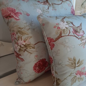 Floral pillow, seafoam pillow, chic pink roses flowers and birds, elegant pillow, handmade in Italy pillow cover, dusty blue tuscany cushion
