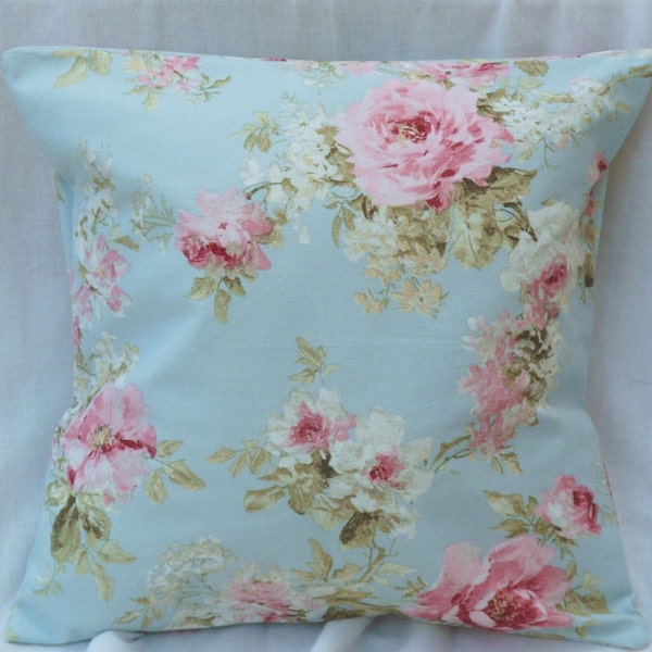 Oreiller floral turquoise, roses azur, florales, roses, oreiller bleu clair, housse de coussin en coton, oreiller minable, oreiller chic