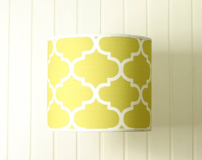 Yellow lampshade with geometric pattern, arabesque design home decor, shabby yellow drum lampshade acid yellow and white, chic chandelier