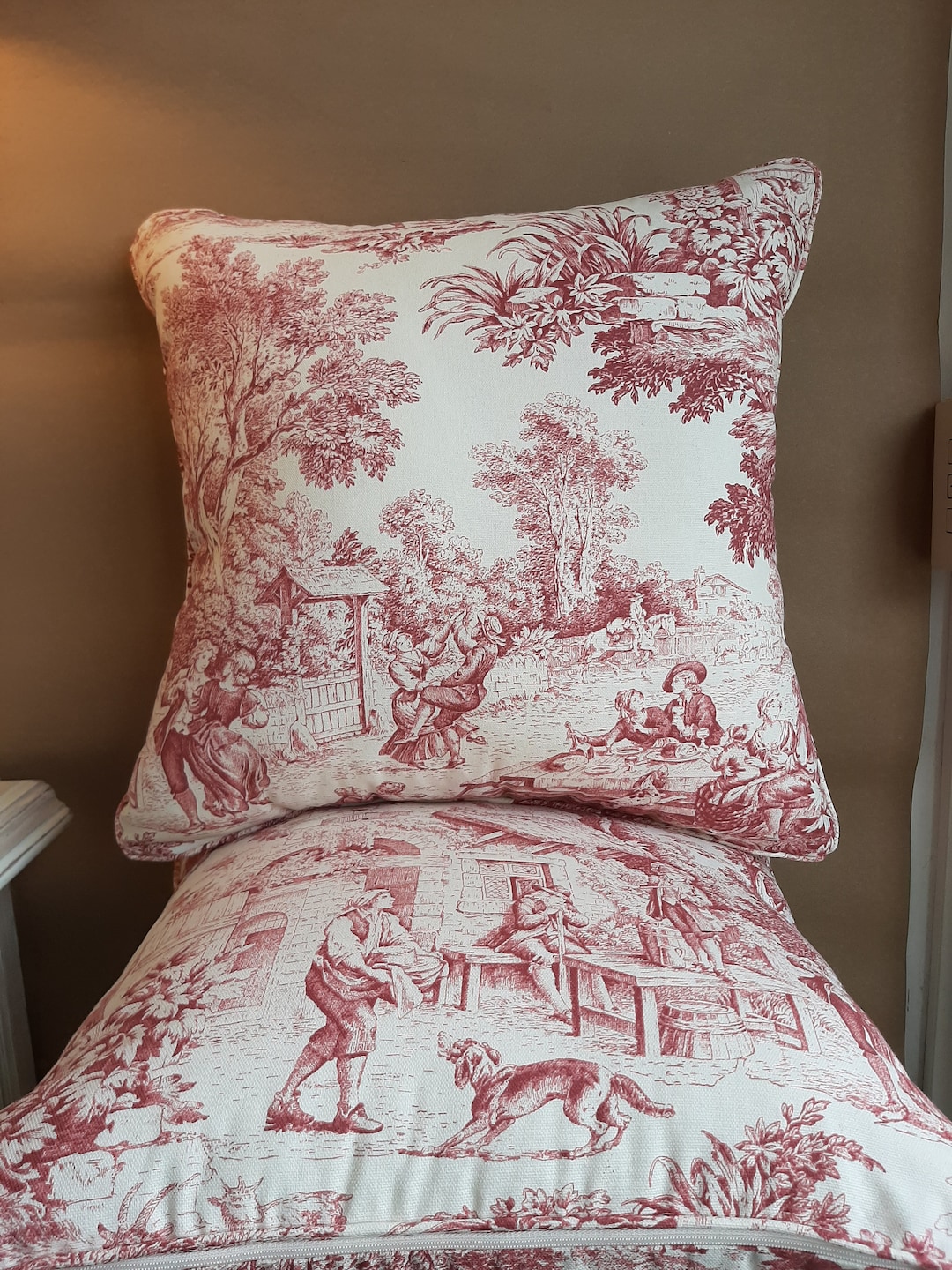 Toile De Jouy Pillow, Shabby Pillow, Red and White, Chic Elegant
