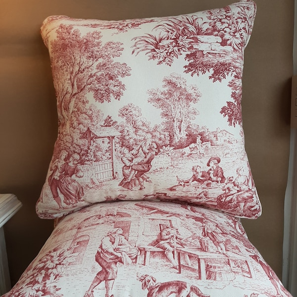 Toile de jouy kussen, shabby kussen, rood en wit, chique elegante kussenhoes, handgemaakt in Italië voor woondecoratie