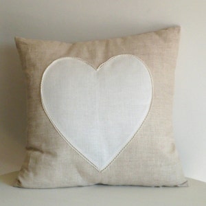 Pillow beige with white heart, heart pillow, shabby  pillow, chic romantic pillow, gift for mom, gift for girl, handmade pillow cover