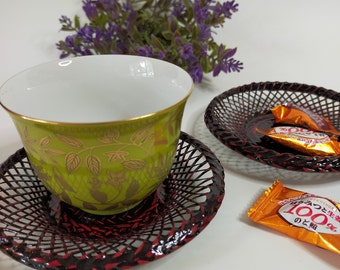 Fine Japanese ceramic tea cups & coasters ( 5 pcs / SET ) ; Vintage Unused ; Gift Wrapped !