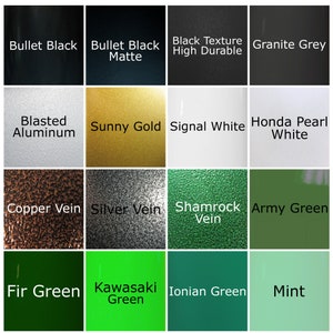 May include: A color chart showing 16 different paint colors. The colors are arranged in a 4x4 grid. The colors include: Bullet Black, Bullet Black Matte, Black Texture High Durable, Granite Grey, Blasted Aluminum, Sunny Gold, Signal White, Honda Pearl White, Copper Vein, Silver Vein, Shamrock Vein, Army Green, Fir Green, Kawasaki Green, Ionian Green, and Mint.