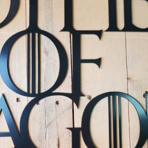 May include: Black metal wall art with the words "House of the Dragon" in a stylized font. The letters are cut out and mounted on a wood background.