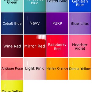 May include: A color chart with 14 different paint colors. The colors are arranged in a grid of four rows and four columns. The colors are: Sea Foam Green, Turquoise Blue, Pastel Blue, Mirror Genitian Blue, Cobalt Blue, Navy, PURP, Blue Lilac, Wine Red, Mirror Red, Raspberry Red, Heather Violet, Antique Rose, Light Pink, Harley Orange, Dahlia Yellow, and Mirror Yellow.