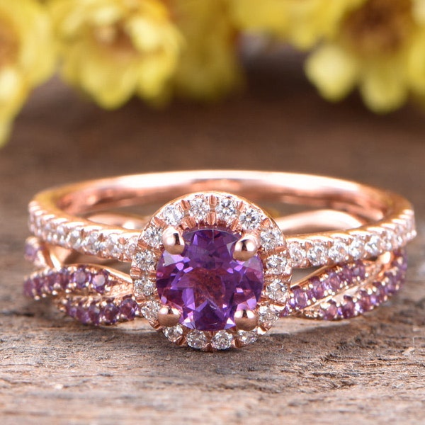 5mm Amethyst Engagement Ring Set 14K Rose Gold Twisted Infinity Diamond Wedding Band Amethyst Ring Birthstone Gifts Bridal Ring Set