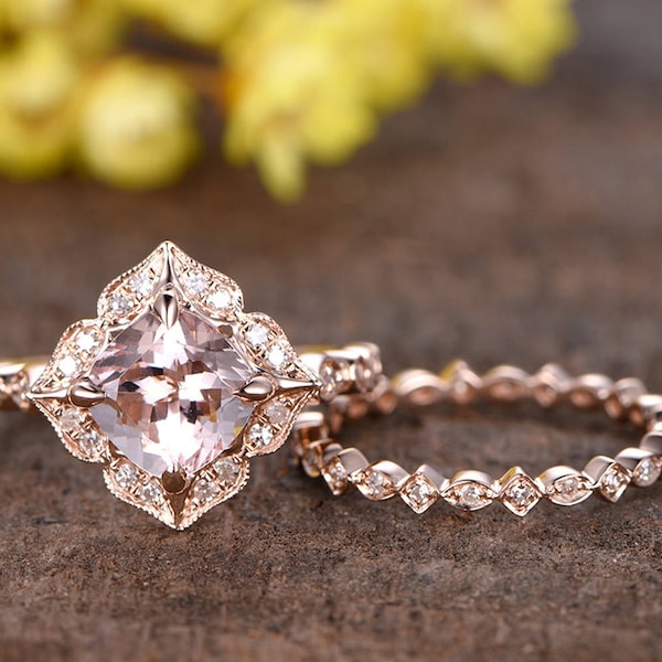 Cushion Morganite Engagement Ring Set, Rose Gold Diamond Wedding Band, Art Deco Bridal Jewelry
