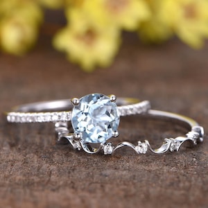 Aquamarine Ring Vintage Aquamarine Engagement Ring Unique Wave Curve Diamond Wedding Band Aquamarine Crystal Jewelry Birthstone Ring 14K