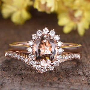 2pcs Morganite engagement ring set 14K rose gold,diamond ring floral HALO,curved band half eternity wedding ring set Morganite Jewelry Set image 1