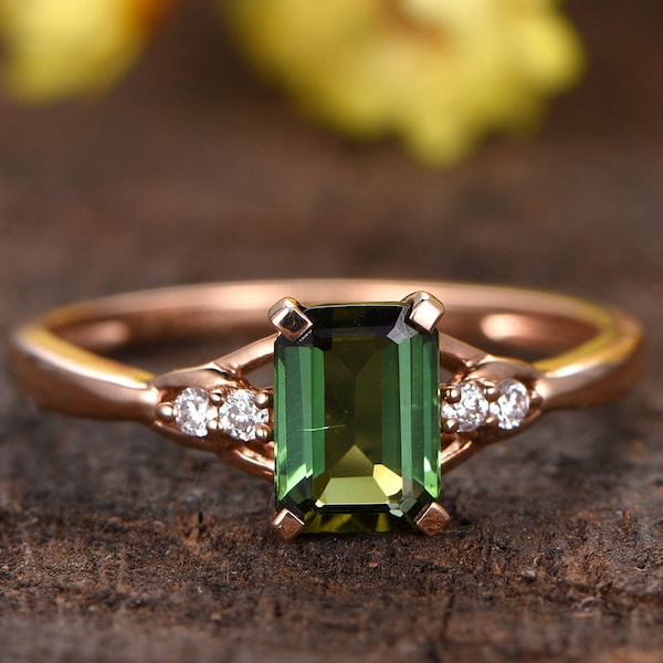 emerald cut green tourmaline engagement ring,solid 14k rose gold, vintage tourmaline ring, promise ring,gold plain band green gemstone