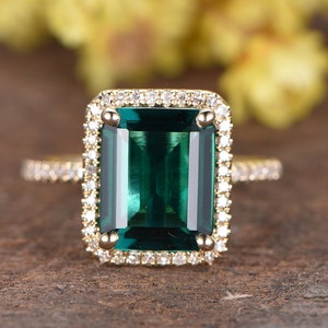 Green Emerald Engagement Ring Gold Diamond Wedding Band Vintage Emerald Jewelry Promise Ring Emerald Cut Gemstone May Birthstone Ring