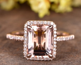 Emerald Cut Morganite Engagement Ring, Rose Gold Diamond Halo Band
