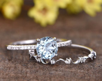 Aquamarine Engagement Ring Set - Diamond Wave 14K Gold Wedding Band
