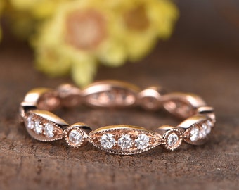 Art Deco Diamond Full Eternity Ring: 14K Rose Gold Milgrain Wedding Band