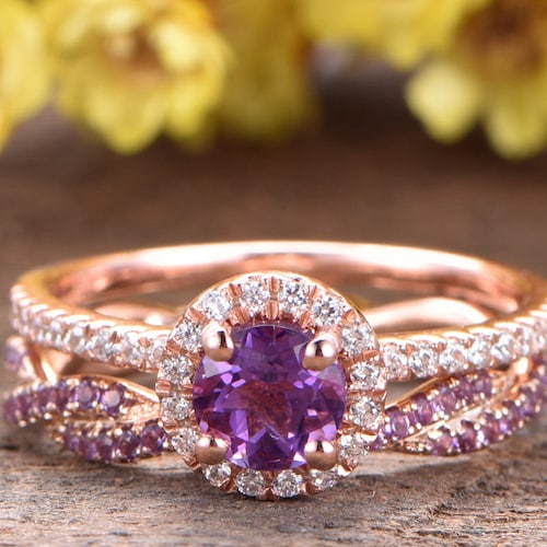 Amethyst Engagement Ring Set Rose Gold 14k 18k Wedding Ring Etsy