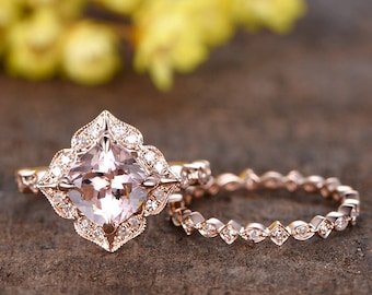 Cushion Morganite Engagement Ring Set, Rose Gold Diamond Wedding Band, Art Deco Bridal Jewelry