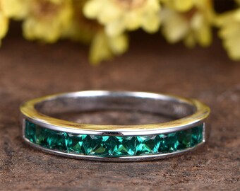 Emerald Wedding Band: 14K White Gold Half Eternity Diamond Ring