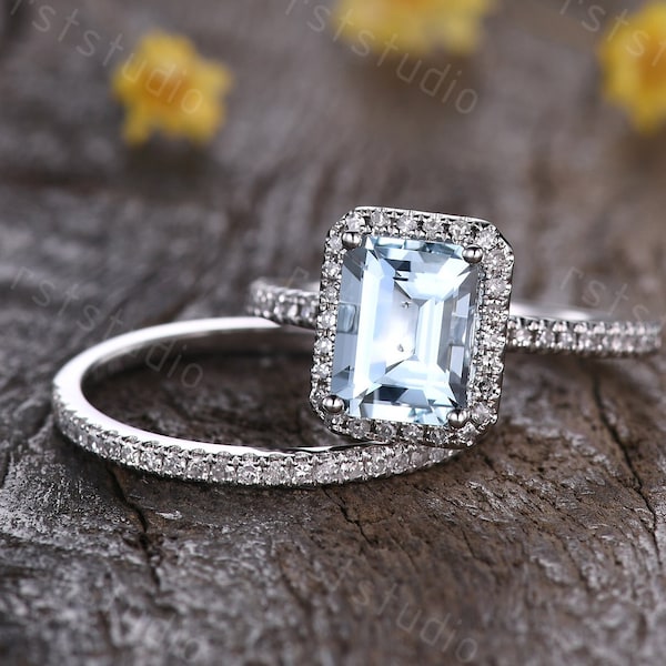 Blue Aquamarine Engagement Ring Set White Gold Diamond Wedding Band Vintage Blue Gems Promise Ring Emerald Cut Gemstone Birthstone Ring Gift