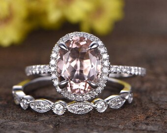 Oval Morganite Engagement Ring Natural Morganite Gemstone Promise Ring Art Deco Diamond Wedding Band 14K White Gold Morganite Jewelry