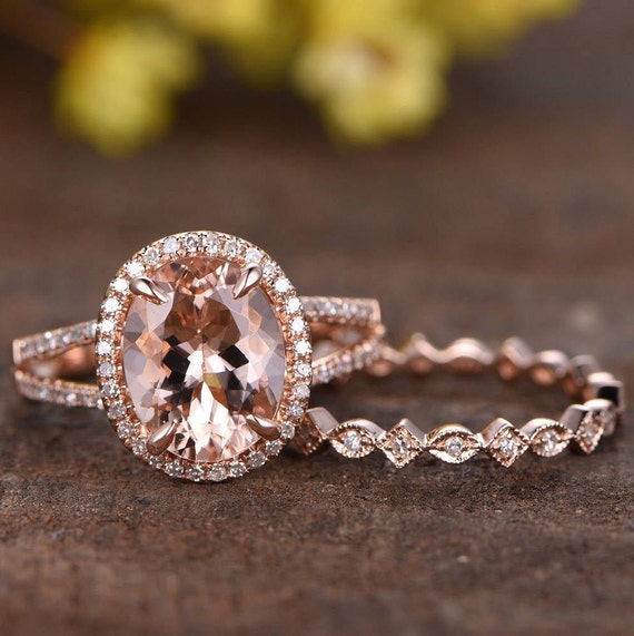 Morganite Engagement Ring Set Natural Morganite Ring Split Shank Ring Art  Deco Diamond Wedding Band Bridal Set Morganite Jewelry promise