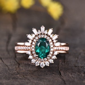 1.2ct Emerald Wedding Ring set rose gold,vintage emerald rings,oval cut emerald engagement ring 14k diamond ring,May Birthstone Ring