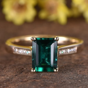 Vintage emerald engagement ring 14K yellow gold emerald diamond wedding band promise ring emerald jewelry May Birthstone Rings For women