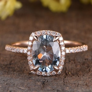 VS natural aquamarine engagement ring 14k rose gold real diamond band blue aquamarine ring vintage March Birthstone Ring Anniversary Gifts
