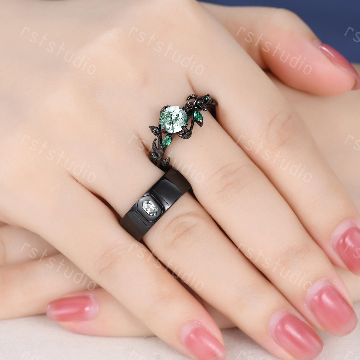 Couples Ring Vintage Green Moss Agate Black Gold Matching Couples Ring Vintage Green Moss Agate Black Gold Matching