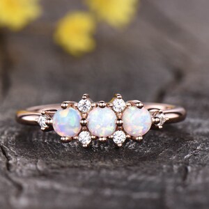 Antique Opal Ring,Opal Engagement Ring,Diamond Wedding Band,Cluster Ring,14K Rose Gold Women Bridal Wedding Ring Unique Jewelry