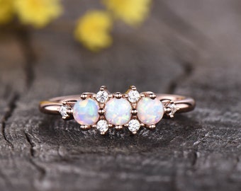 Antique Opal Ring,Opal Engagement Ring,Diamond Wedding Band,Cluster Ring,14K Rose Gold Women Bridal Wedding Ring Unique Jewelry