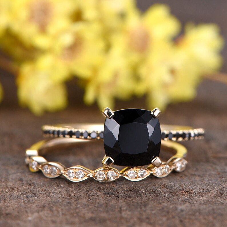 Cushion cut Black Spinel engagement ringblack diamond wedding image 1