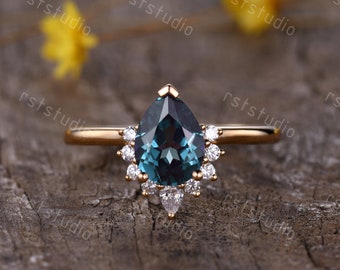 Alexandrite Engagement Ring, 1.5 Carat Pear, Rose Gold Diamond Band