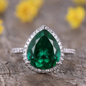 3 ct Big Emerald Engagement Ring Teardrop Emerald Ring Diamond Band Pear Cut Diamond Wedding ring set  14K White Gold May Birthstone Ring