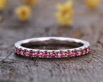 Pink Tourmaline Eternity Ring: 18K White Gold Pave Wedding Band