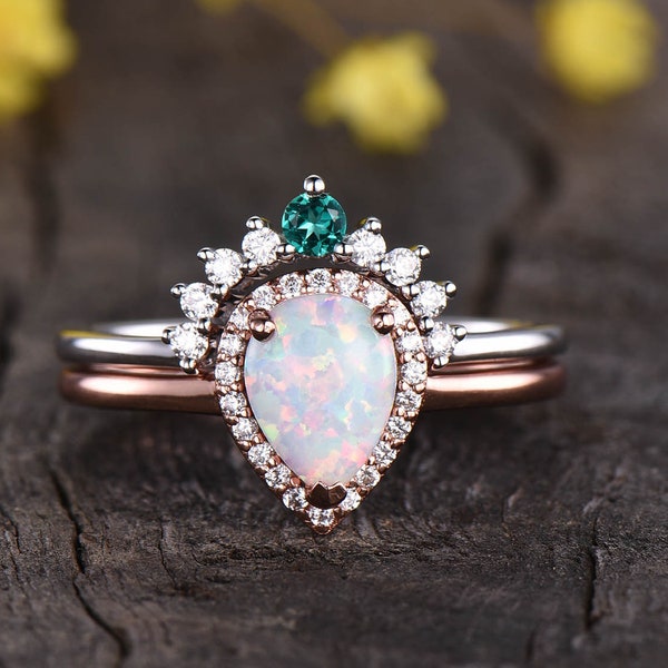 2pcs Opal engagement ring set rose gold,vintage emerald diamond crown wedding band,antique women promise bridal set anniversary ring jewelry