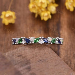 Marquise emerald sapphire wedding band white gold green emerald white opal band bridal ring anniversary ring birthstone gift silver ring