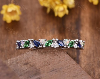 Alianza de boda con zafiro esmeralda y talla marquesa: anillo de ópalo en oro blanco de 14 k