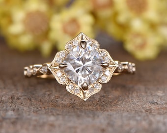 Moissanite Engagement Ring Vintage Floral Art Deco Cushion Halo Diamond Wedding Bridal Ring in 14K Yellow Gold Moissanite Jewelry For Women